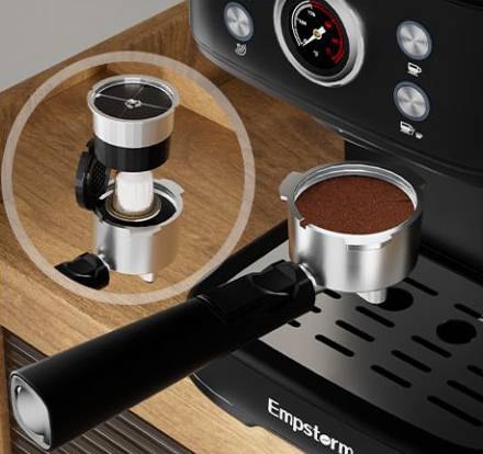 Add coffee grounds and tamp it or add coffee capsule Add coffee grounds and tamp it or add coffee capsule