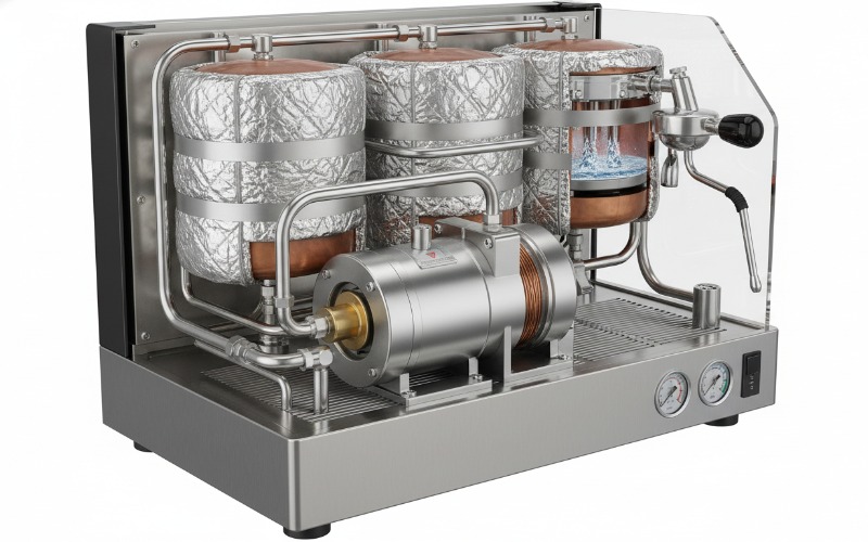 Internal view of a multi-boiler commercial espresso machine showing rotary pump and PID controllers