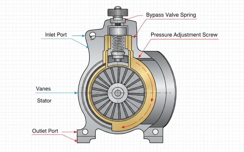 Cutaway diagram of a commercial espresso machine rotary vane pump showing bypass valve mechanics