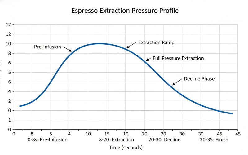 Graph illustrating espresso extraction pressure curve with pre-infusion ramp and decline phase