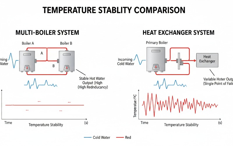 Diagram comparing temperature stability in multi-boiler vs heat exchanger systems