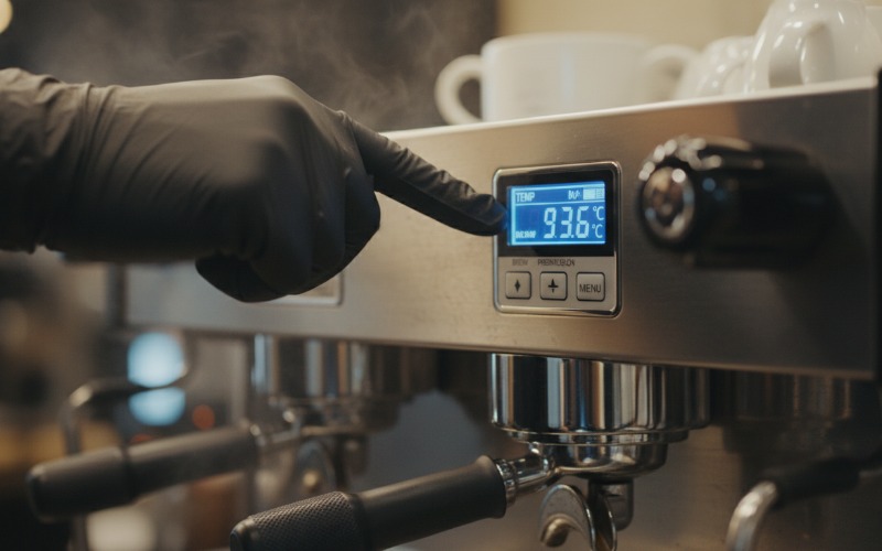 Professional barista operating a high-end multi-boiler machine