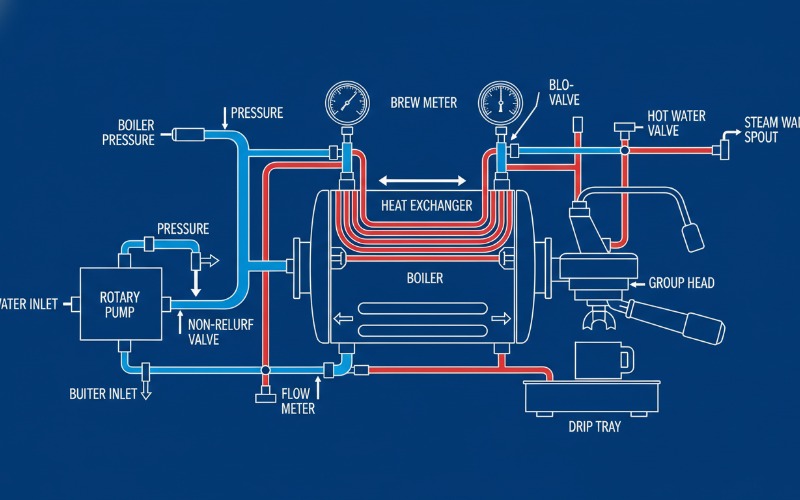 Schematic diagram of commercial espresso machine hydraulic system showing pump and boiler connections