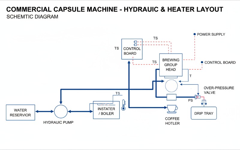 Schematic diagram of a commercial capsule machine hydraulic system showing pump and heater layout