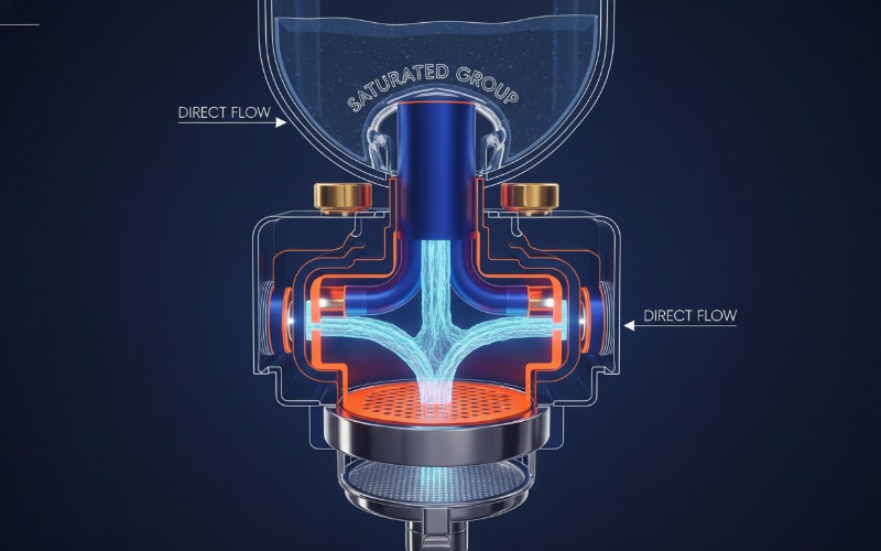 Technical cutaway of a saturated group head showing water flow