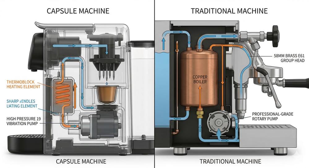 Internal view comparing a capsule coffee machine's thermoblock heating element and vibration pump with a traditional espresso machine's copper boiler and 58mm group head for thermal stability.