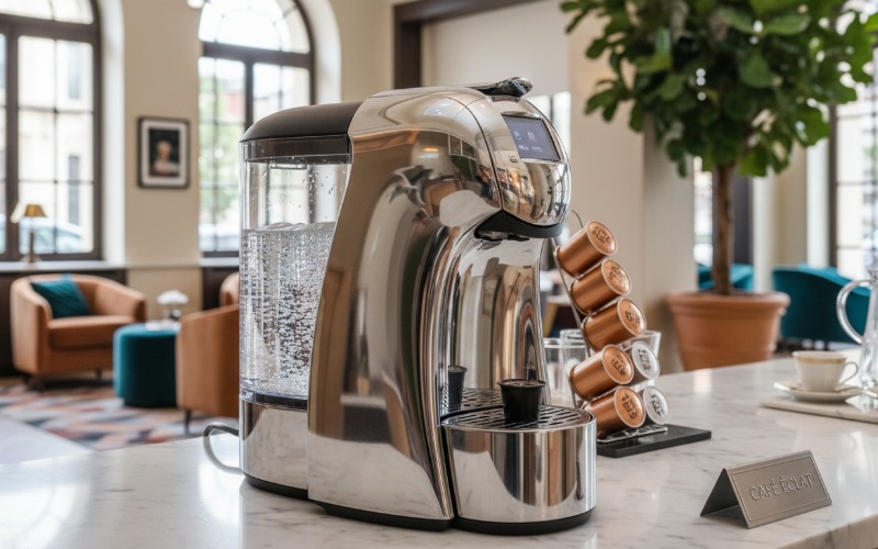 A sleek commercial bean-to-cup machine on a marble cafe counter