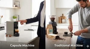 Side-by-side comparison of user workflows for a capsule coffee machine (showing one-touch speed) and a traditional espresso machine (showing manual tamping and grinding