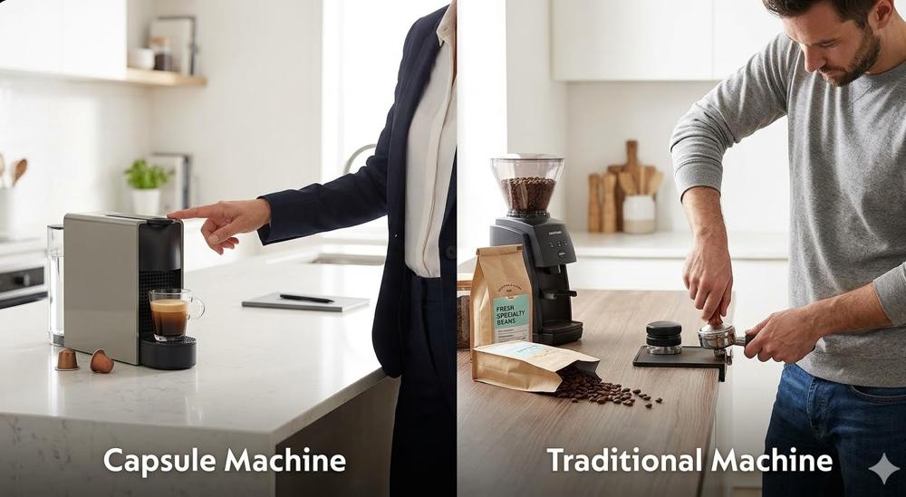 Side-by-side comparison of user workflows for a capsule coffee machine (showing one-touch speed) and a traditional espresso machine (showing manual tamping and grinding