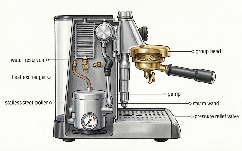 Technical diagram of an espresso coffee machine