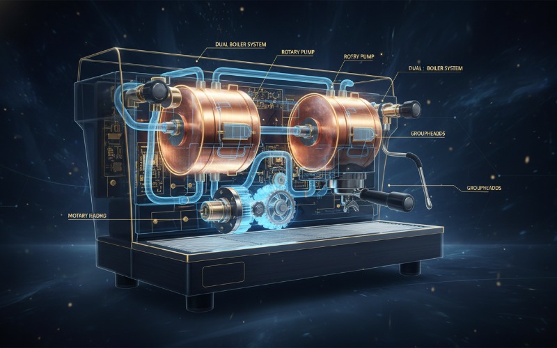 Internal engineering of a commercial dual boiler espresso machine with rotary pump technology